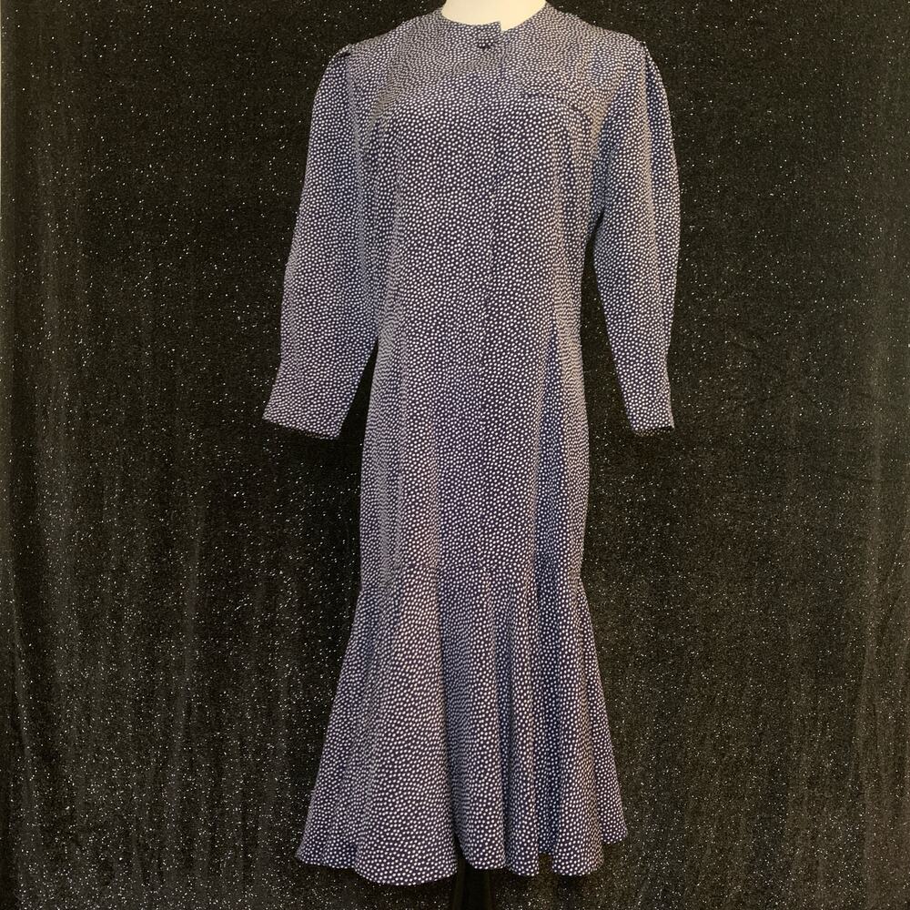 Navy Blue Polka Dot 80s Ruffle Hem Midi Dress Womens Size 6